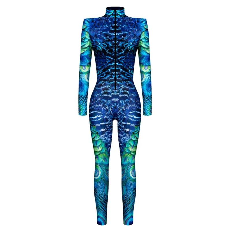 FCCEXIO Peacock Feather Pattern 3D Printed Cosplay Costume Sexy Jumpsuit Bodysuit Adult Carnival Party Clothing S-XL Women Jumps