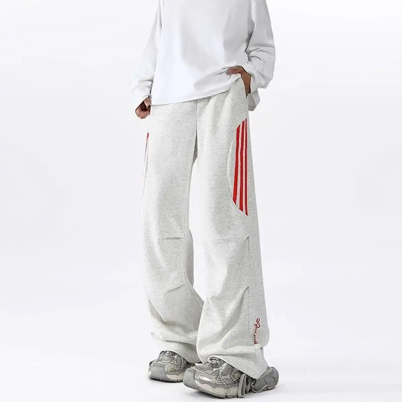Korean Fashion Spring Autumn Preppy Pants Now Side Striped Casual Sweatpants Letter Printing Elastic Waist Wide Leg Trousers