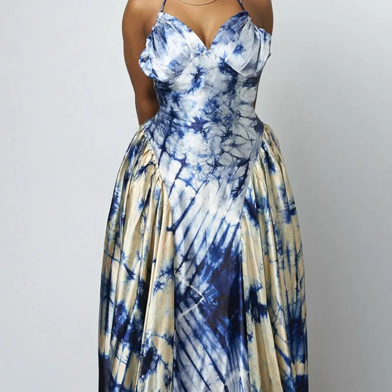 セクシーなサテン花柄プリントドレス女性のためのエレガントなヴィンテージスパゲッティストラップレースアップバックレスボヘミアンアメリカンレトロマキシドレス