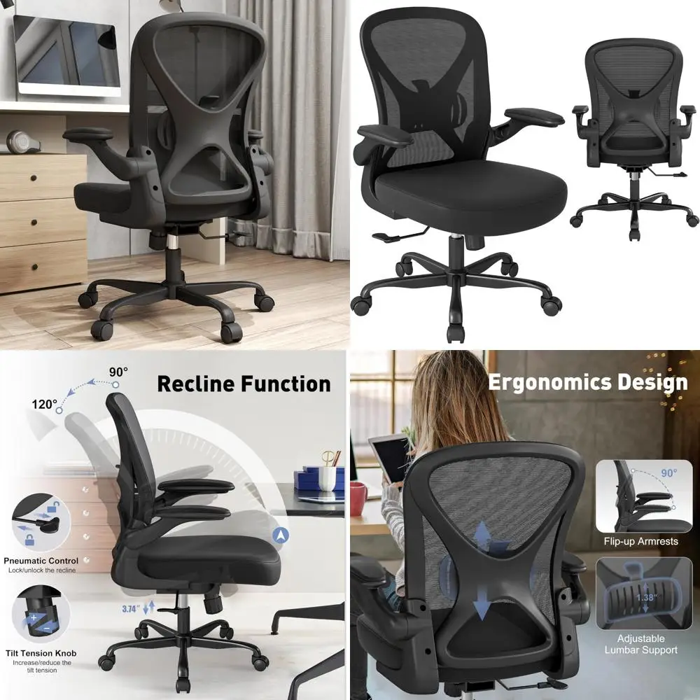 

Ergonomic Adjustable Lumbar Support Office Chair with Wheels and Flip-up Arms, Black