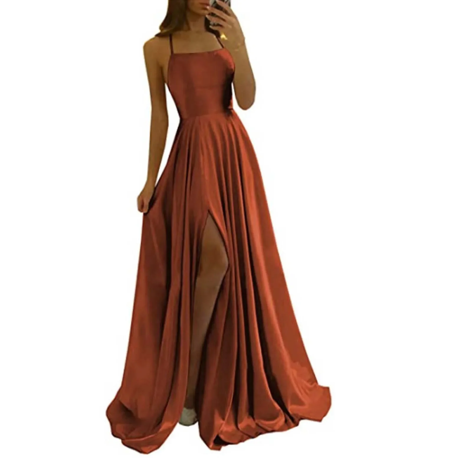 Mulheres elegantes maxi praia vestido de cetim sexy perna fenda rendas até vestidos de baile de noite alças ajustáveis vestidos de dama de honra vestido de noite