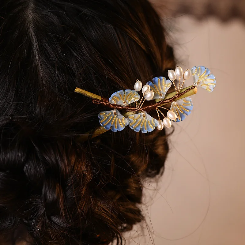 Bamboo Hairpin Carbonized Bamboo Branch Ancient Style Hairpin Headpiece Wrapped with Flower Glass Bamboo Hairpin Simple