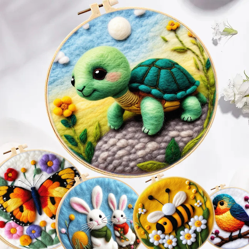 

GATYZTORY 20x20cm Frame Needle Wool Felting Painting Set Bees Turtles Needle Felt Craft Painting Picture Kit For Beginner Gift