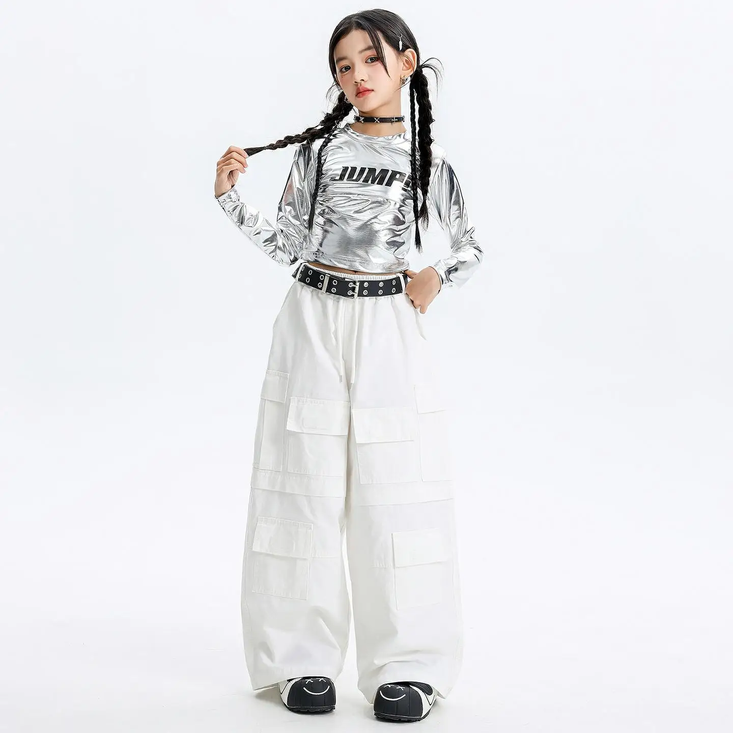 Kid Kpop Hip Hop Kleidung Silber Metallic Crop Langarm T-Shirt Weiß Multi Taschen Cargohose für Mädchen Street Dance Kostüme