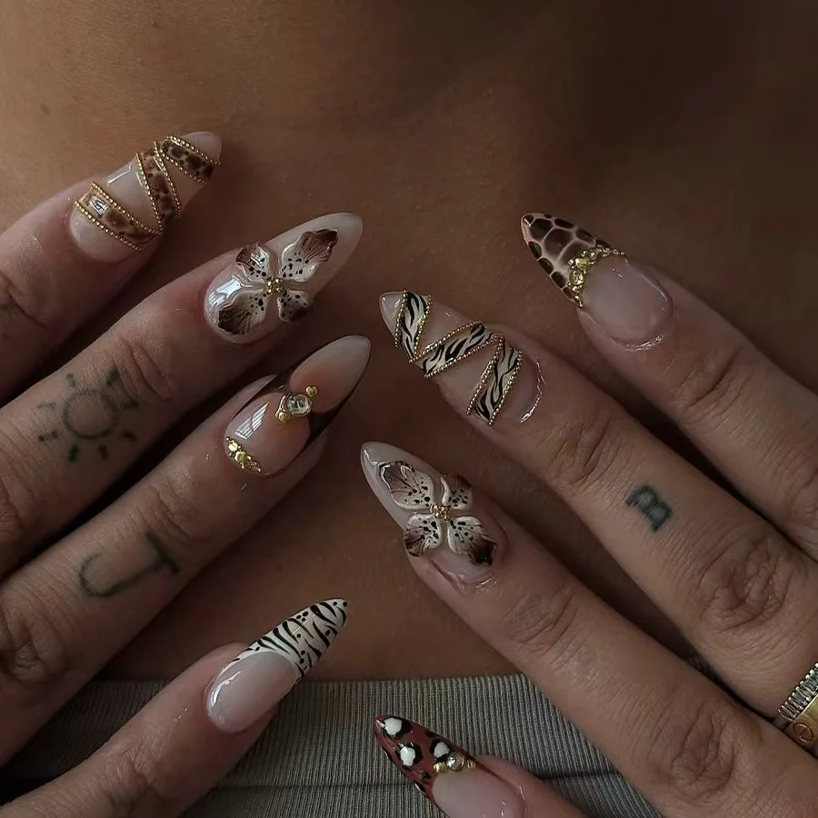 

24Pcs Mid-length Almond Full Cover Nails Tips Black Stripe French Reusable Fake Nail 3D Flower Brown Smudge Press on False Nails