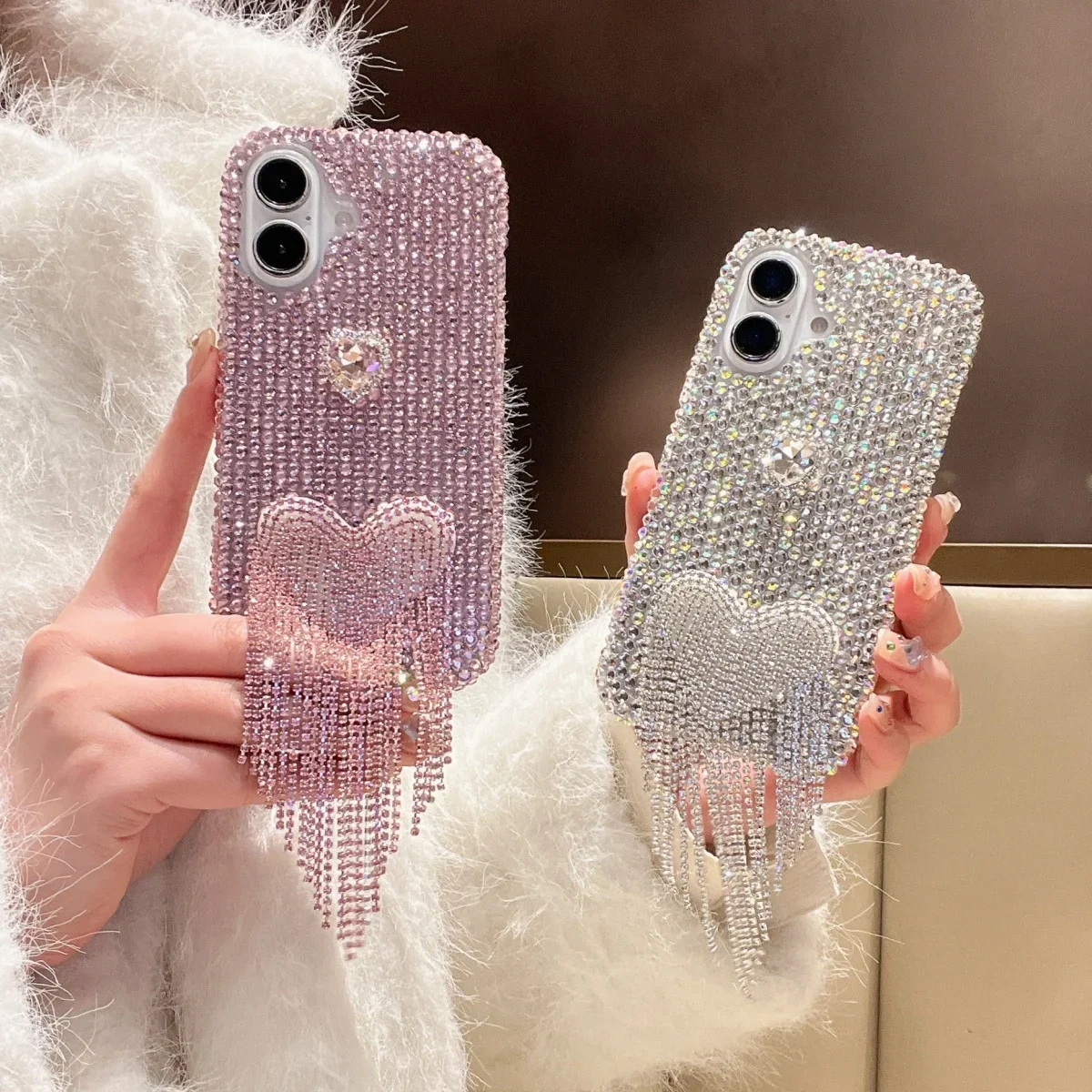 Three-dimensional crystal heart and tassel phone case For ip