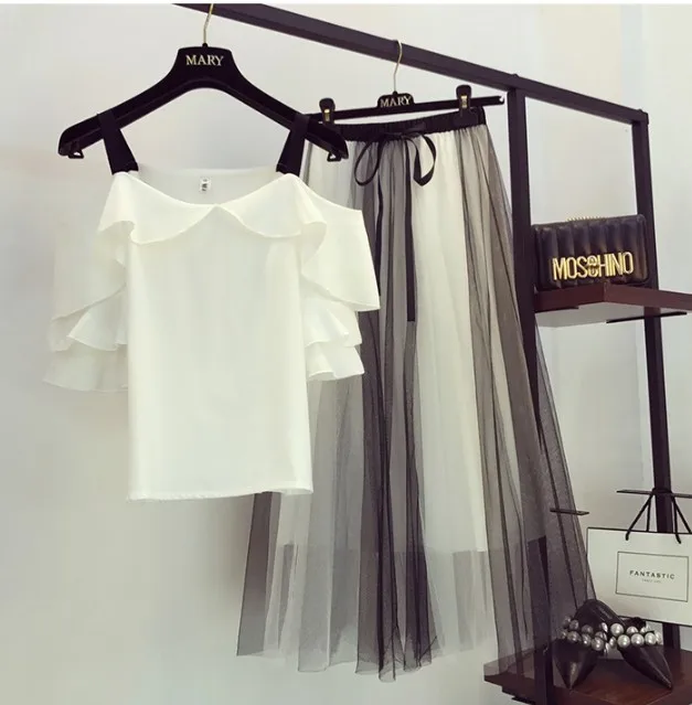 New Summer Women's Off Shoulder Simple Chiffon Shirt + Color Block Mesh Skirt Two-piece Student Girls Sweet Long Skirt Sets