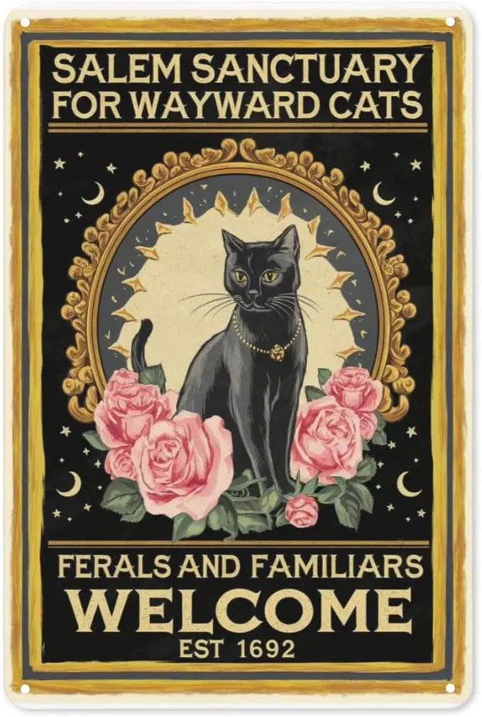 Gothic Cat Tin Sign 8X12IN Halloween Metal Wall Art for Spooky Porch, Altar & Witchy Apartment Decor