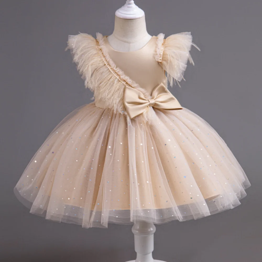 

Summer Girls' New Bow Sequin Flying Sleeves Mesh Fluffy Skirt Piano Competition School Graduation Ceremony Dress