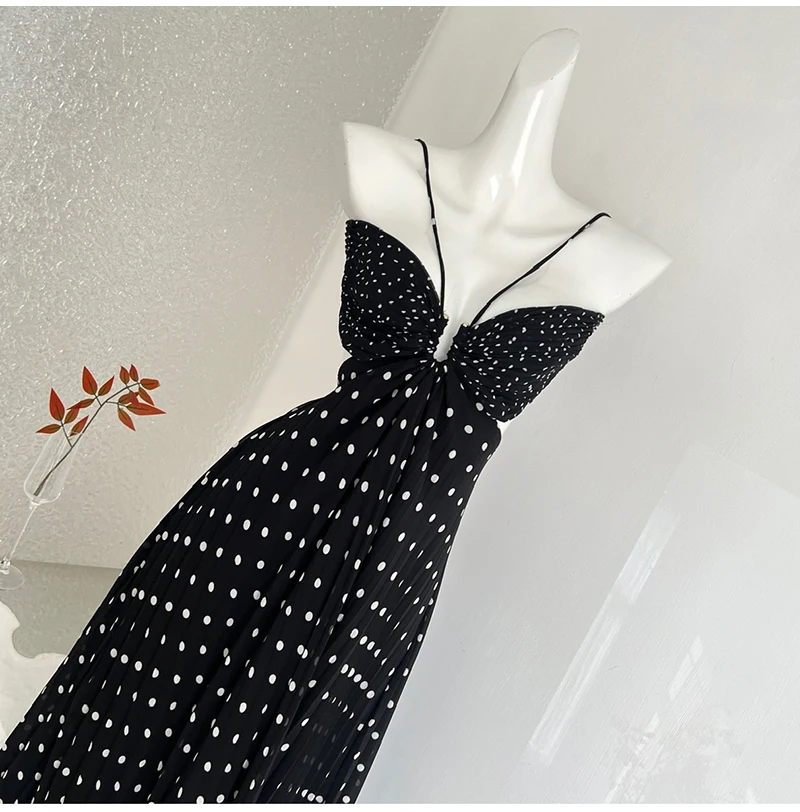 

Spaghetti Strap Polka Dot Long Dress Maxi High Waist Summer Beach Backless Lace-up Chiffon Dresses Female 2026 New Women Dresses