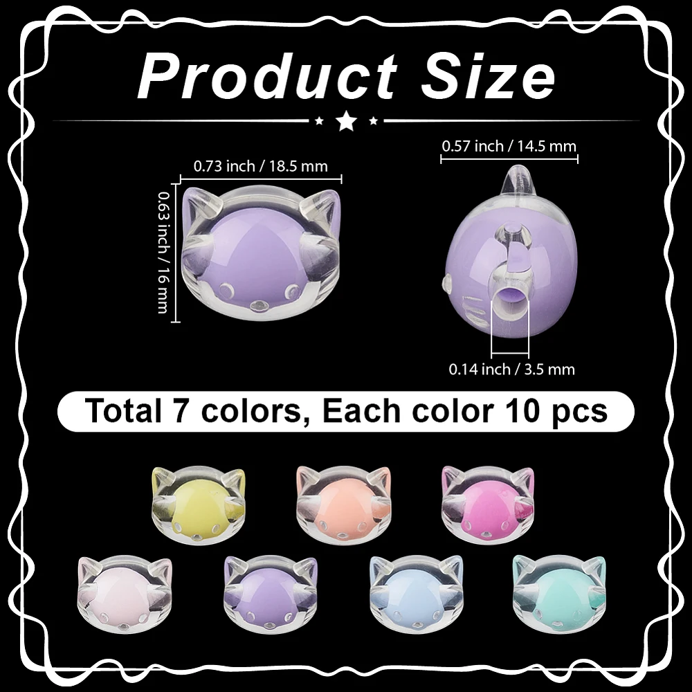 7 Colors 70PCS 16MM Cute Cat Head Beads with Hole Acrylic Cats Bead in Bead Kawaii Animal Pet Transparent Colorful Resin Loose