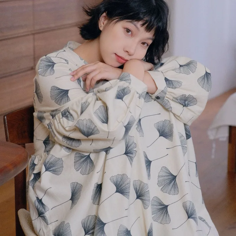 Japanese Style Mori Girl Dress Women 100% Cotton Double Gauze Ginkgo Print Loose Robe Vintage Artistic Long Sleeve Loungewear