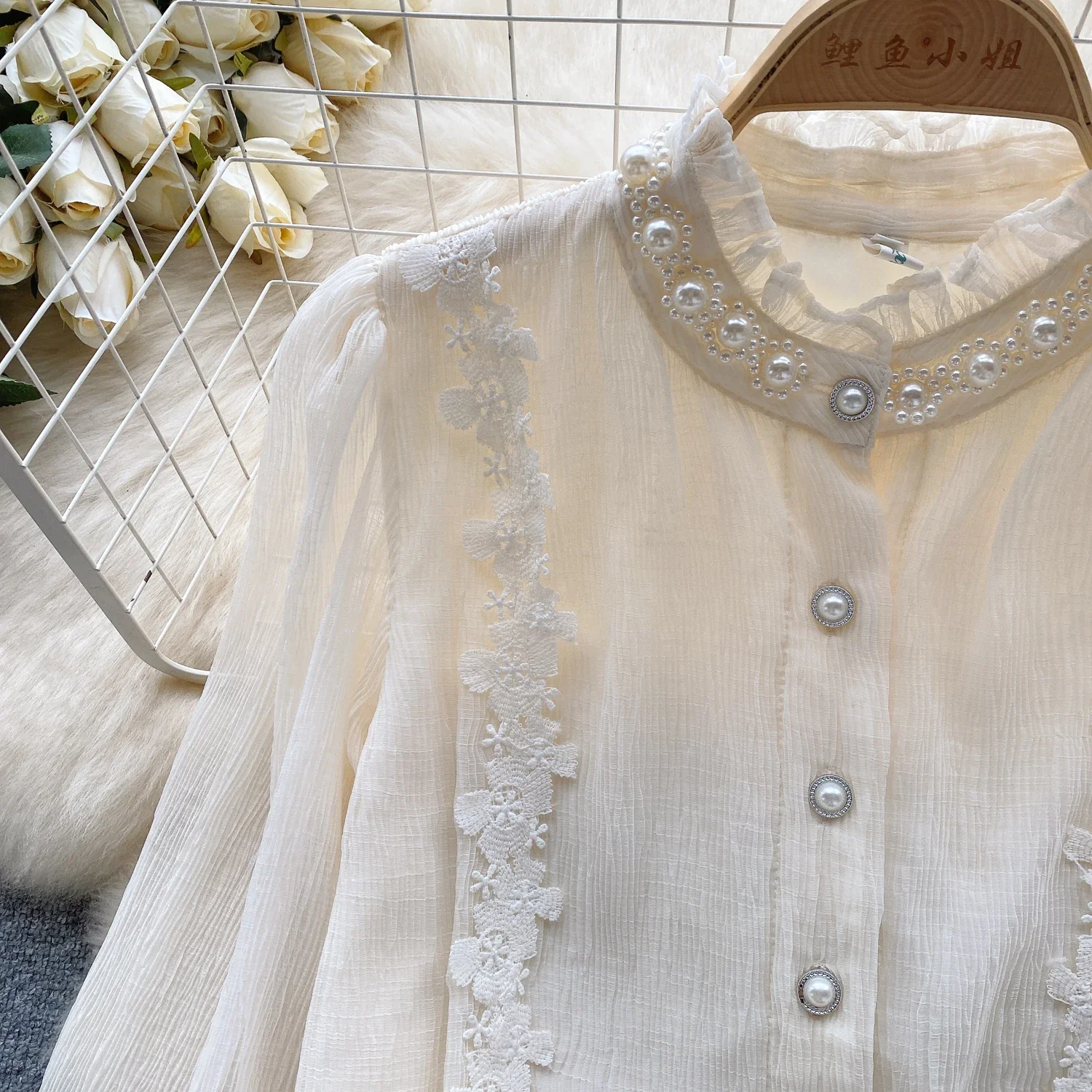 Basics Long Sleeves Casual Stand Neck Hotsweet Vintage Embroidered Beads Lace Fashion Loose Top French High Street Autumn Blouse