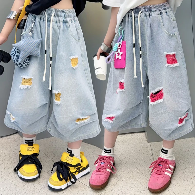 Summer Kids Pants Girls Ripped Denim Capri Pants Kids Hip Hop Baggy Wide Leg Jeans Colorful Hole Cropped Trousers For 5‑14Y