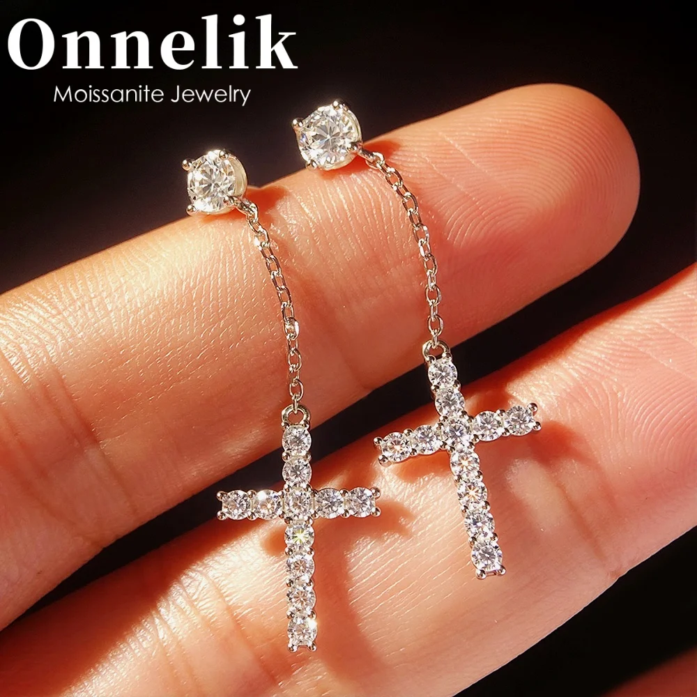 

Onnelik D Color Moissanite Tassel Cross Pendant Earrings 2mm/4mm Full Pave S925 Sterling Silver 18K Gold Plated Gift Box for Her