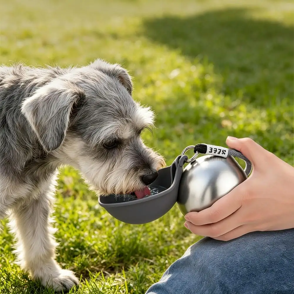 304 Edelstahl Haustier-Trinkflasche, runde Outdoor-Wasserflasche für Katzen und Hunde, tragbarer, faltbarer Wasserspender mit Hängeseil – Detail 26