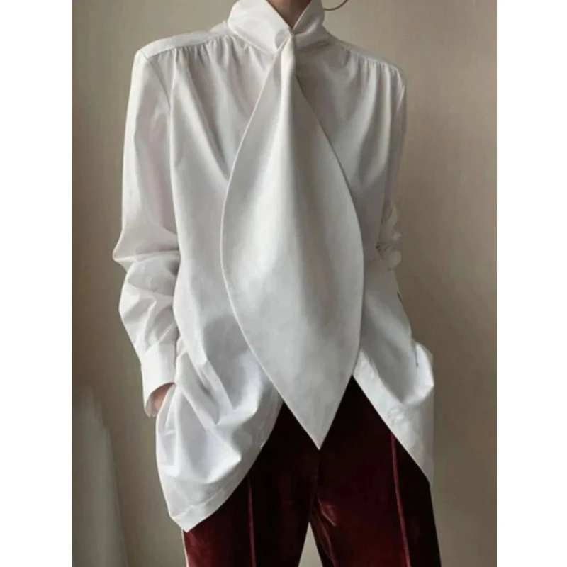 Krisnanas 2024 New Arrival Fashion Long Sleeves Loose Solid Color High-Neck Blouses&Shirts Tops Black White Polyester Coat