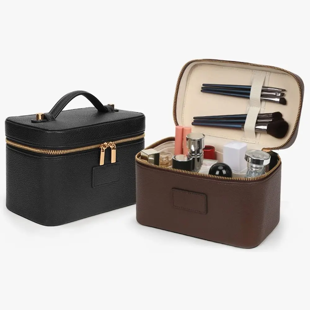 

PU Leather Makeup Bag Square Shape Waterproof Toiletry Bag Removable Divider Large Capacity Camera Storage Bag for Women & Men
