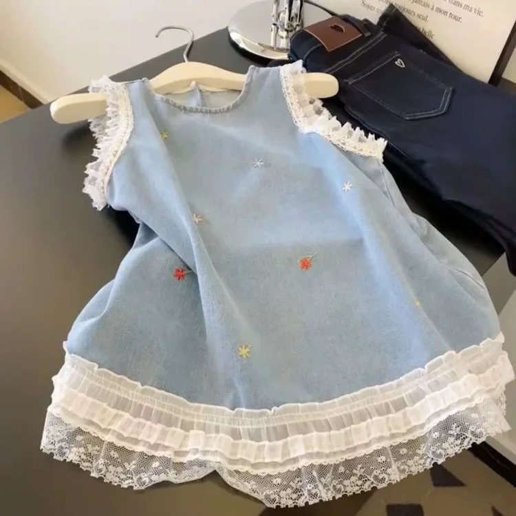Girls' Summer Dress Baby Foreign Style Children's Personality Trendy Korean Lace Lace Princess Denim Vest Skirt