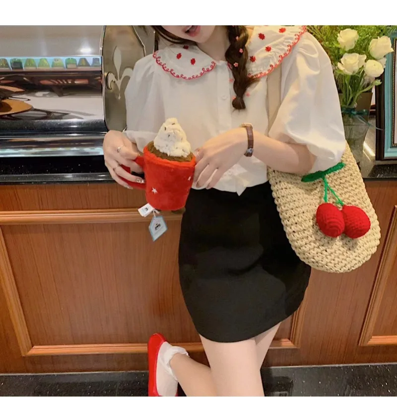 Spring Summer Women\'s Solid Turn-down Collar Pullover Flower Embroidered Button Short Sleeve T-shirt Sweet Casual Elegant Tops