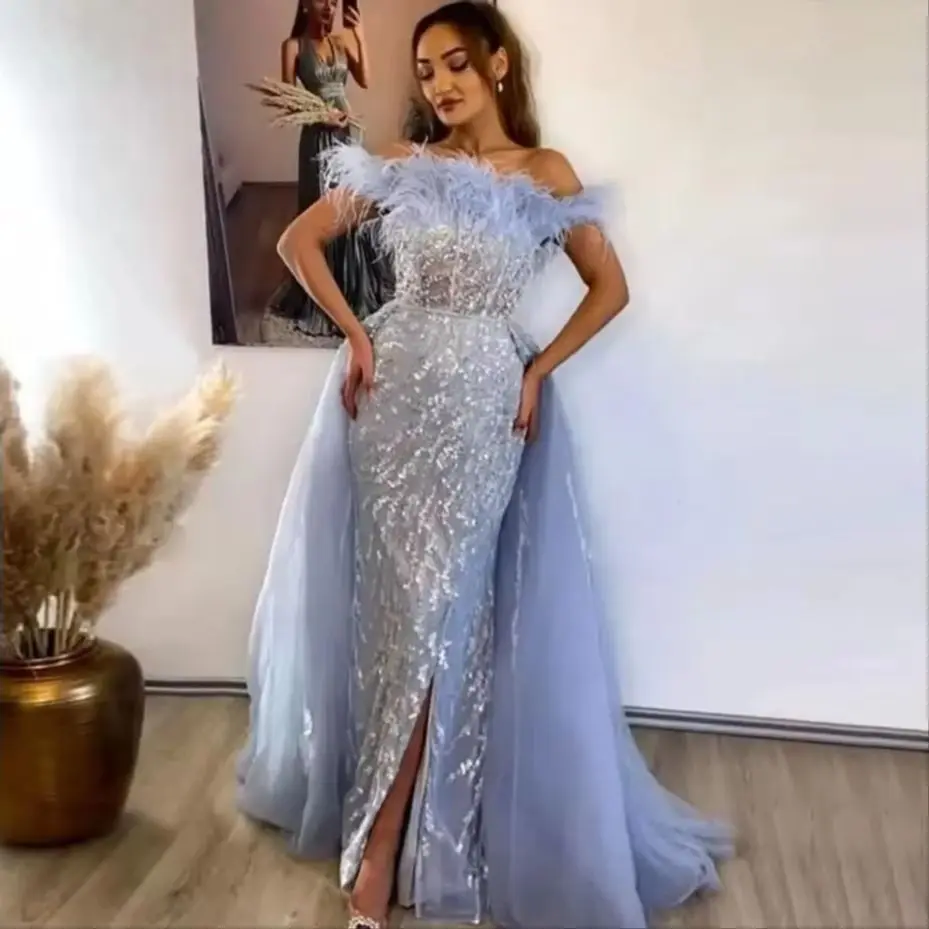 2026 Women Evening Party Dress Dubai Celebrity Birthday Gowns Feathers Off The Shoulder Side Slit Lavender Mermaid Prom Dresses