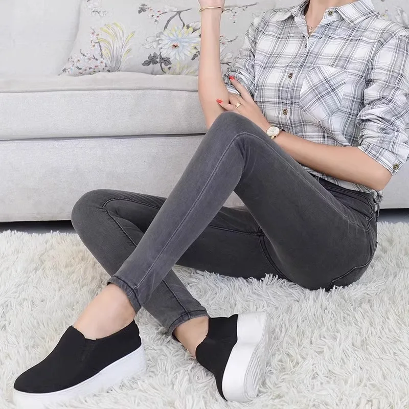 

Smoke Grey Nine-Ten Women's Skinny Jeans Spring Autumn Slimming Tight Fit Pencil Pants Casual Pure Color Button Natural Waist