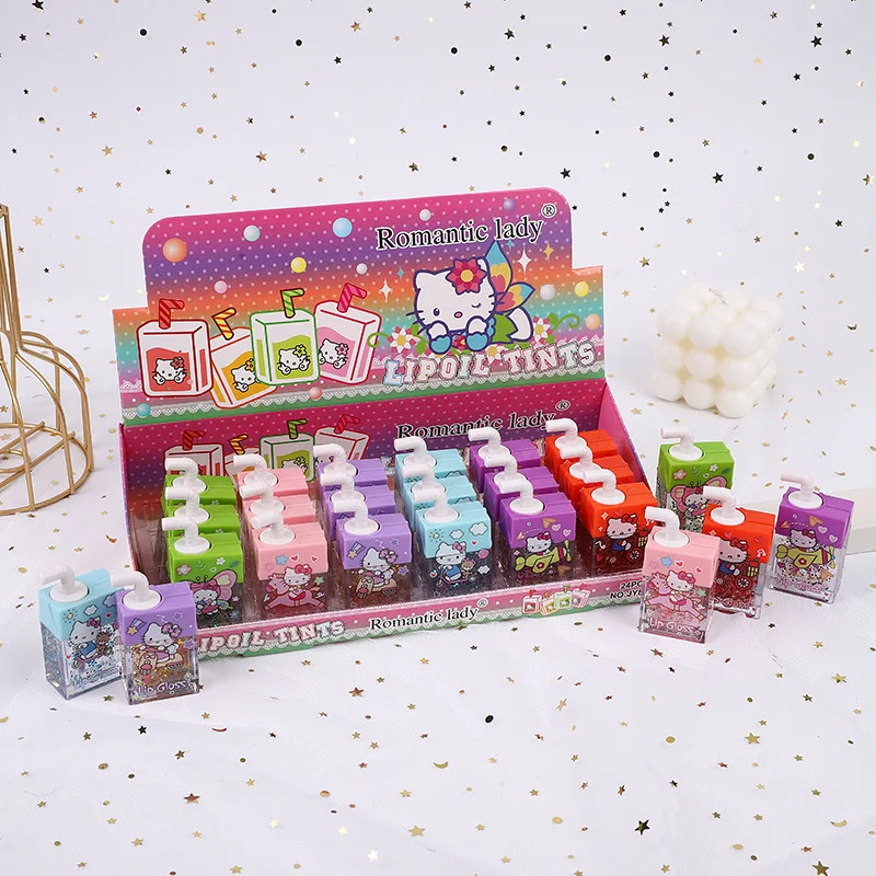 

24Pcs Cute Sanrio Juice Box Lip Gloss Set Hello Kitty Keychain Lip Gloss Set Girls Waterproof Longlasting Lips Gloss