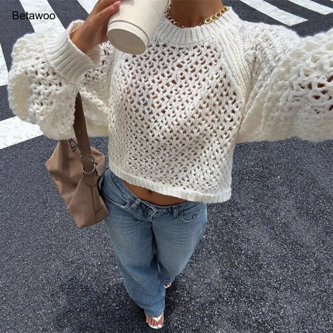 

Y2K White Cropped Knit Shrug Long Sleeve Hollow Knitted Top Open Back Self Tie Casual Backless Bolero Sweater for Women