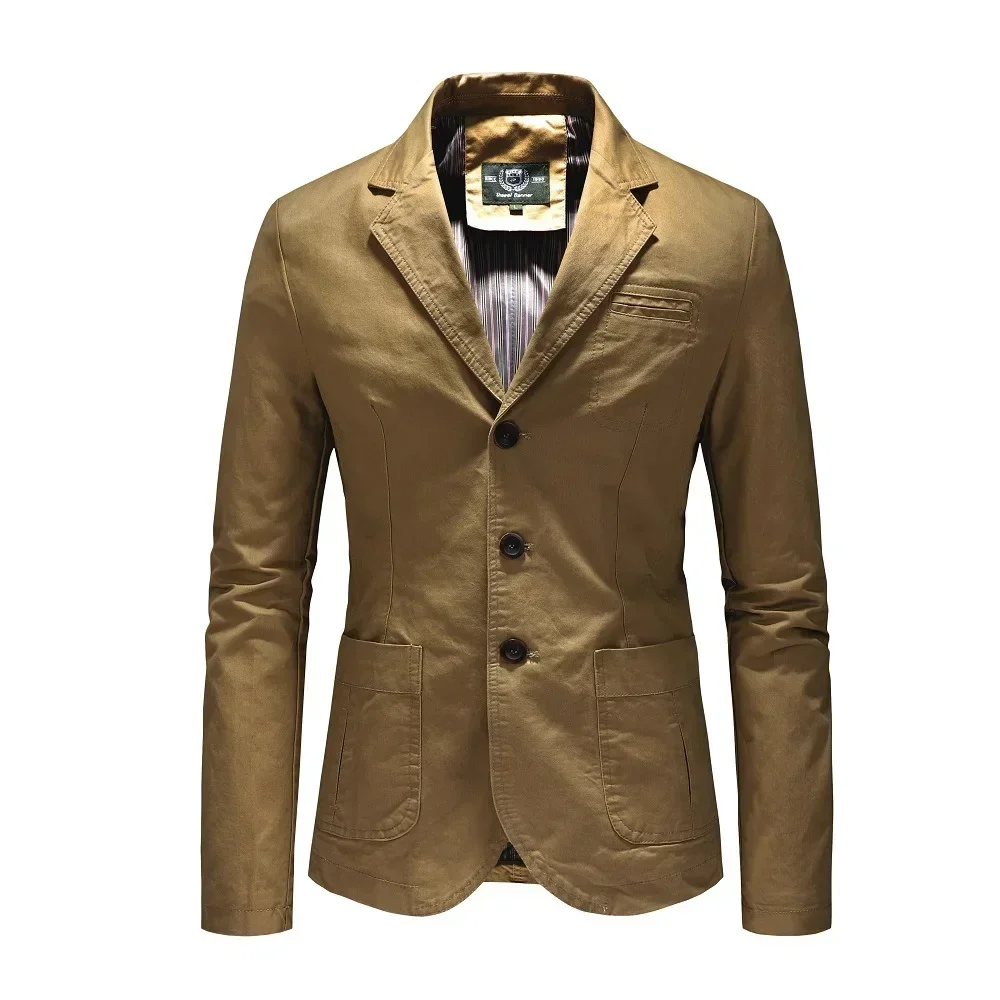 Spring Autumn Men's Blazer Jacket High-quality Business Casual Slim Jacket Fashion Lapel Multi-pocket Man Pure Cotton Suit Coats