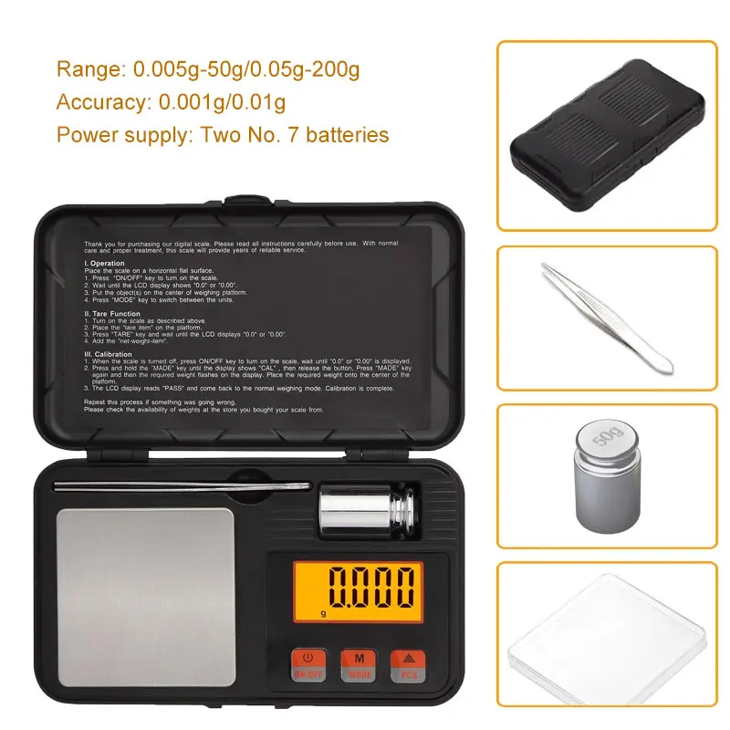 Mini Digital Scale 200g/0.01g 50g/0.001g High Precision Pocket Electronic Scale Balance Scale for Food Weighing Jewelry Scale