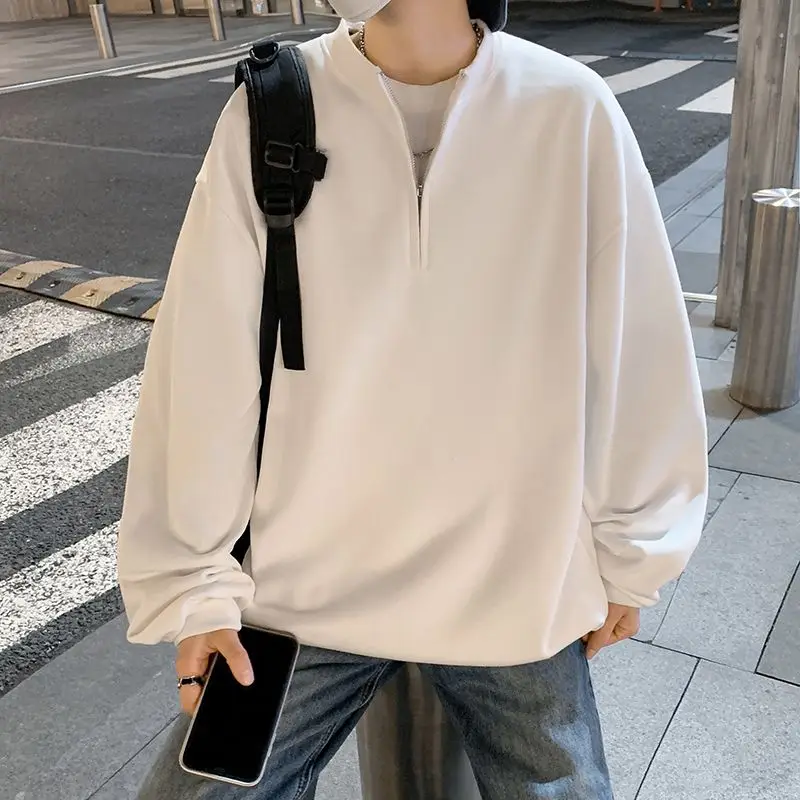 

Vintage Zipper Plain Fall Long Sleeve O Neck Men T Shirts Korean Fashion Black White Streetwear Oversized Pullovers 2023 New Top