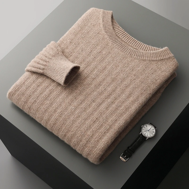 Autumn Winter Thick 100% Pure Wool Sweater Men's Round Neck Knitted Pullover Casual Solid Color Top Long Sleeved Warm Menswear