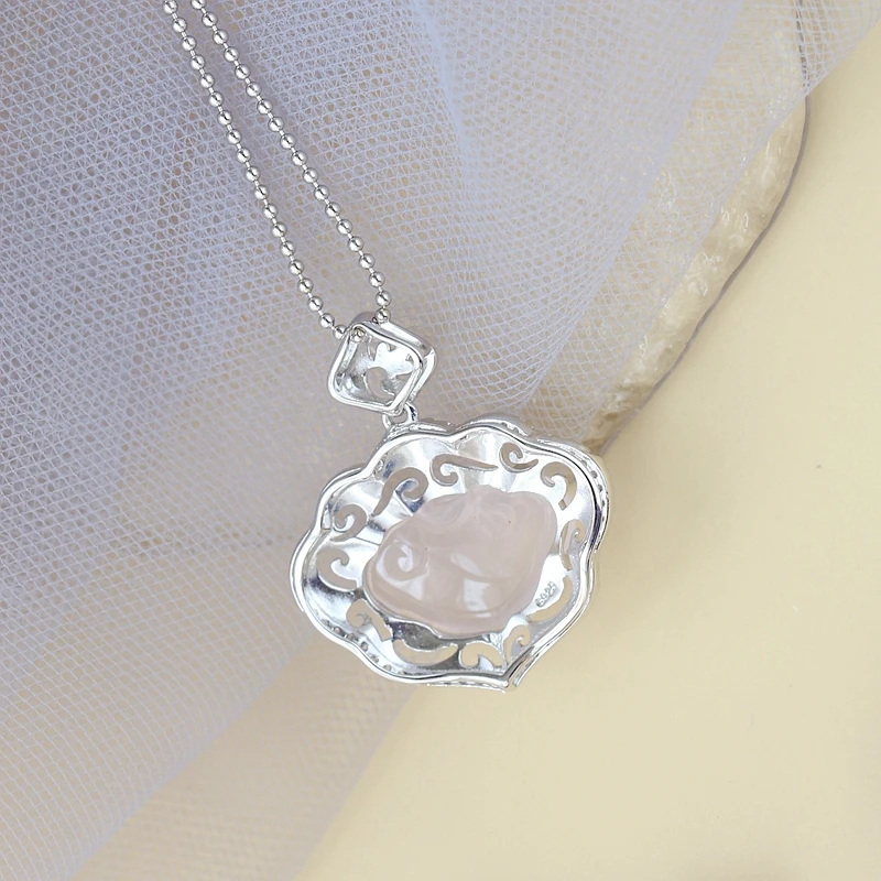 Authentic 925 Sterling Silver Pendant Inlaid Natural Rose Quartz Lady Retro Charm Silver Pendant National Style Jewelry Gift