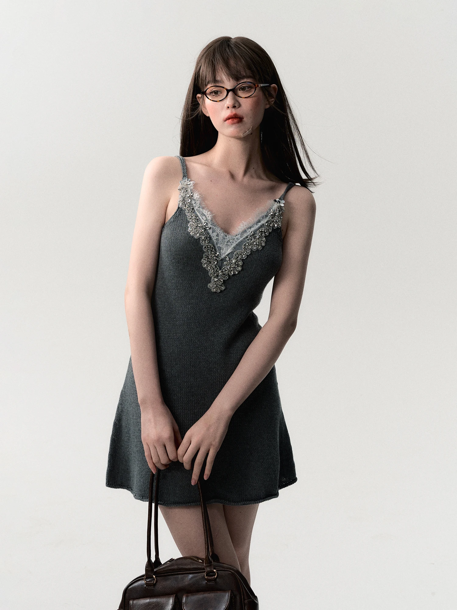 High Quality Hot Selling "opening Absinthe" High-end Gray Dress Women's Summer Waist Cinched V-neck Knitted Suspender Skirt Y2k