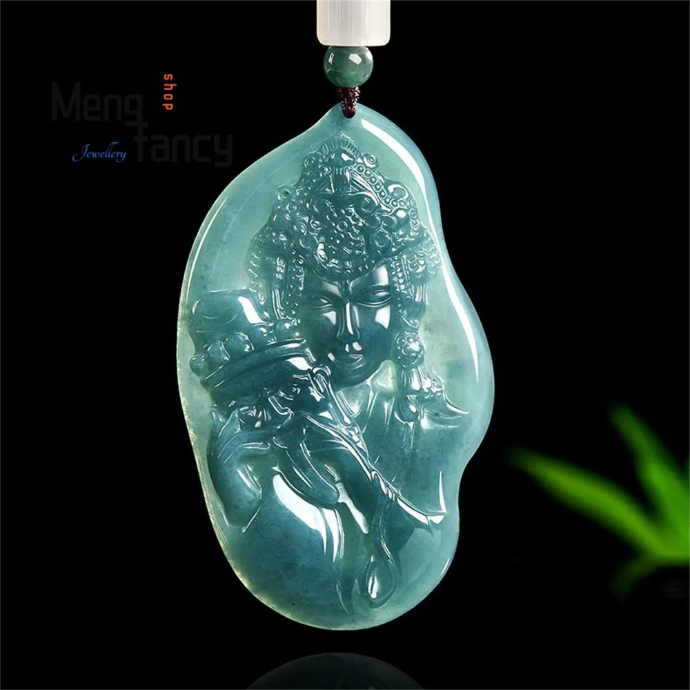 

Natural A-grade Jadeite Blue Water Zaki Lam Ice Type Jade Pendant High-grade National Style Mascots Luxury Fashion Fine Jewelry