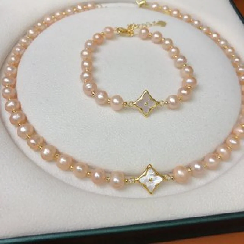 

Модный новый модный комплект четырехлистного клевера TZ555 ожерелье-браслет натуральный розовый жемчуг 7-8 мм почти круглый с небольшими вкусами