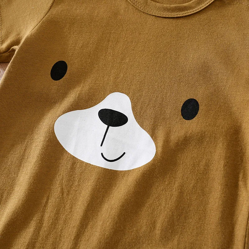 Summer Newborn Boys And Girls Cute Cartoon Brown Bear Printed Cotton Comfortable Baby Short Sleeve Bodysuit