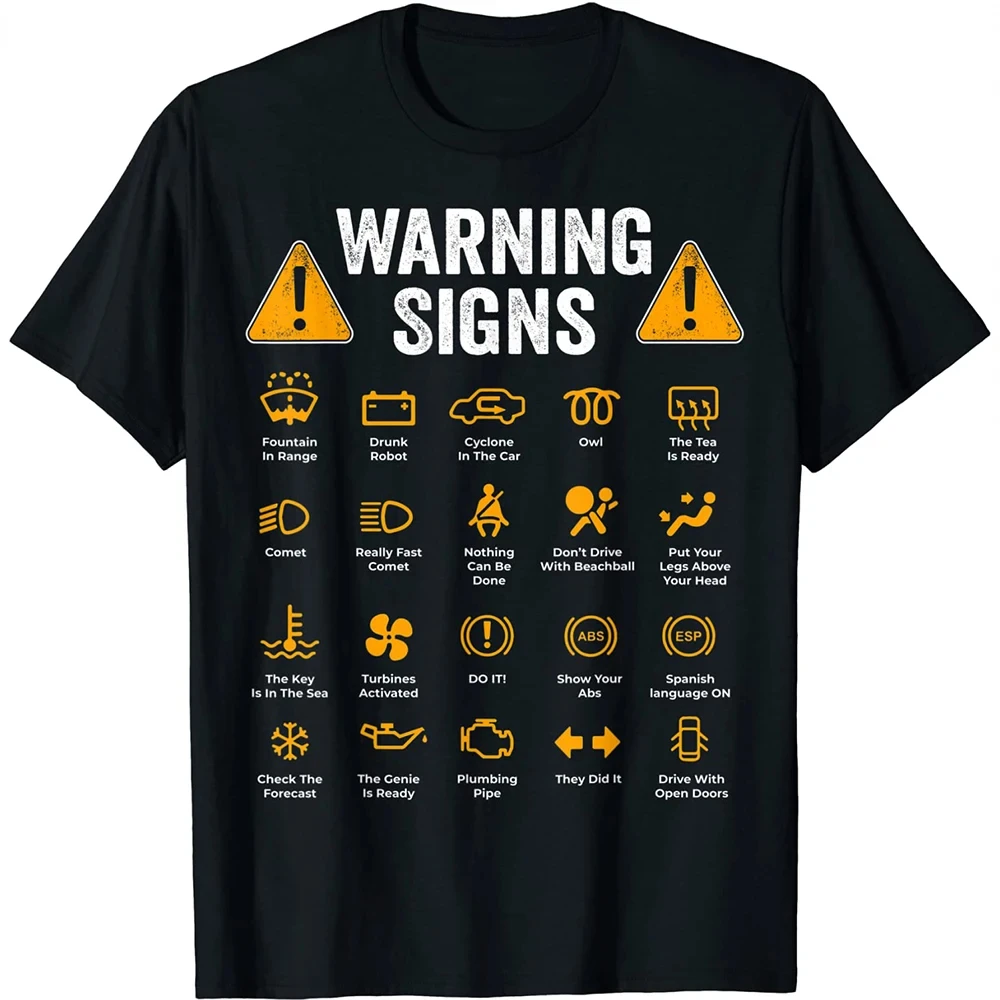 2026  Car Warning Signs Funny Graphic T-Shirt Kids Adults Pure Cotton Crew Neck Short Sleeve Auto Mechanic Casual Tee