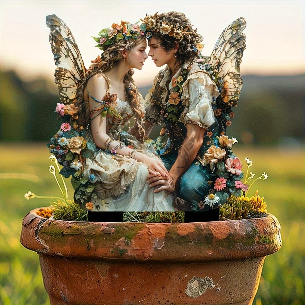 

Enchanting Elf Couple acrylic pile, religious-themed outdoor art for flower pots and landscape.