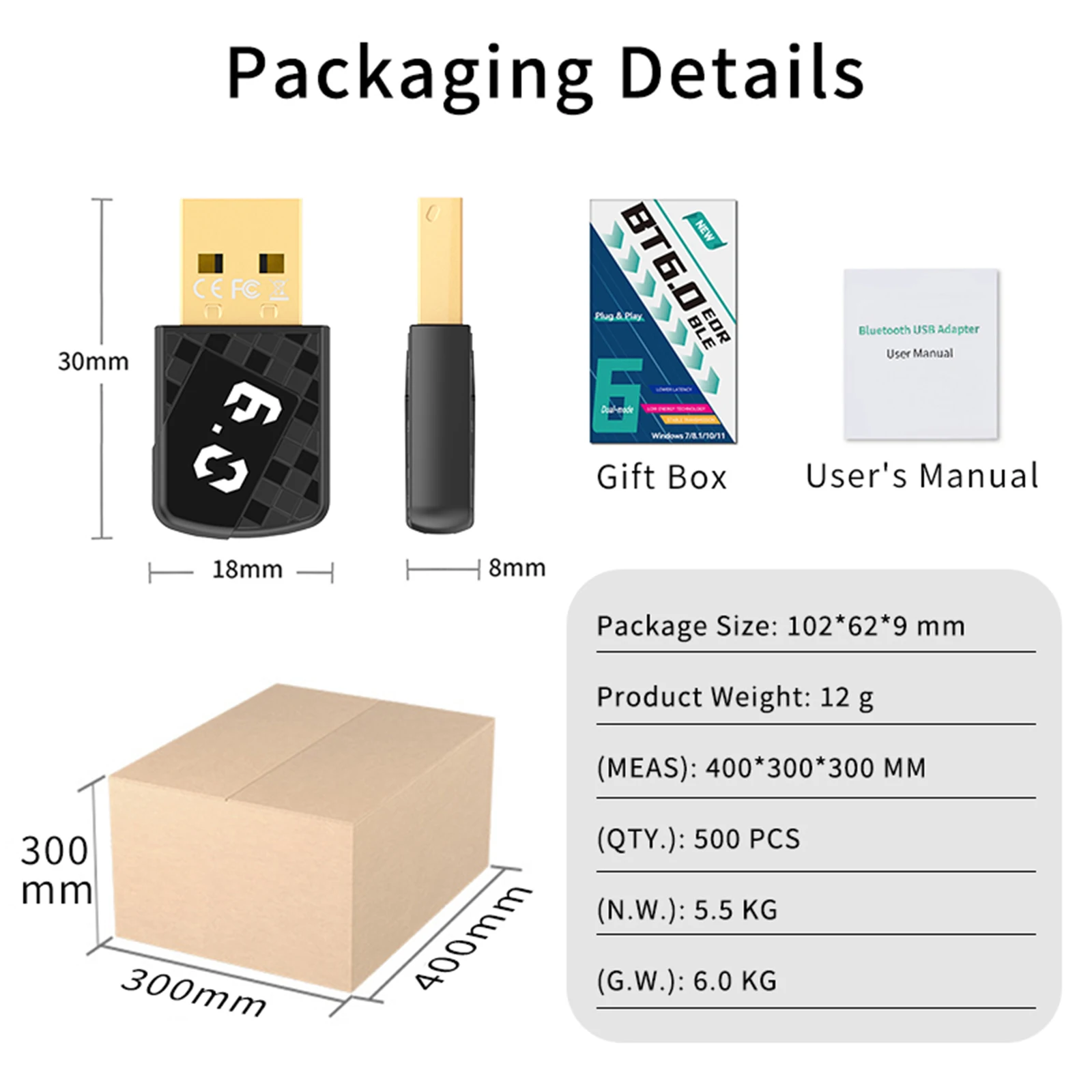 

Bluetooth-compatible 6.0 USB Wireless Audio Adapter Plug & Play Dongle Adapter for Headset Speaker Keyboard Printers