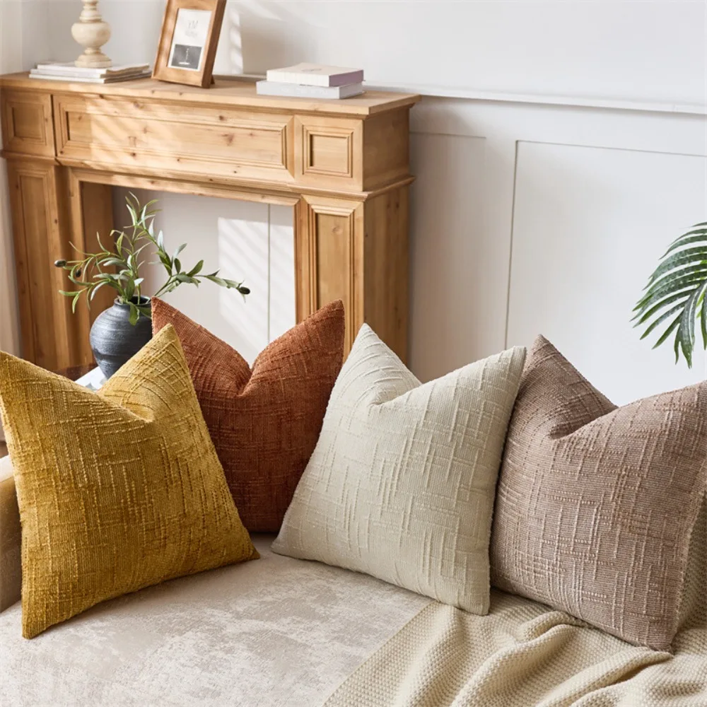 Coarse Yarn Cushion Cover Chenille 45x45CM Cotton Linen Wabi Sabi Solid Color Throw Pillow for Bedroom Sofa Khaki Home Decor