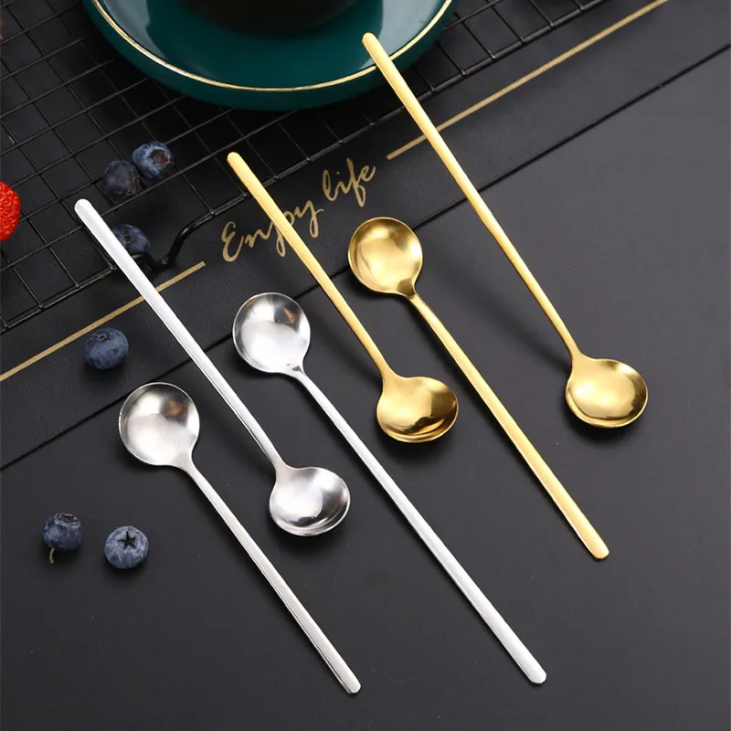 Stainless Steel Long Handle Coffee Stirring Spoon Small Ice Cream Dessert Round Head Scoops Kitchen Tableware Cafe Accessories