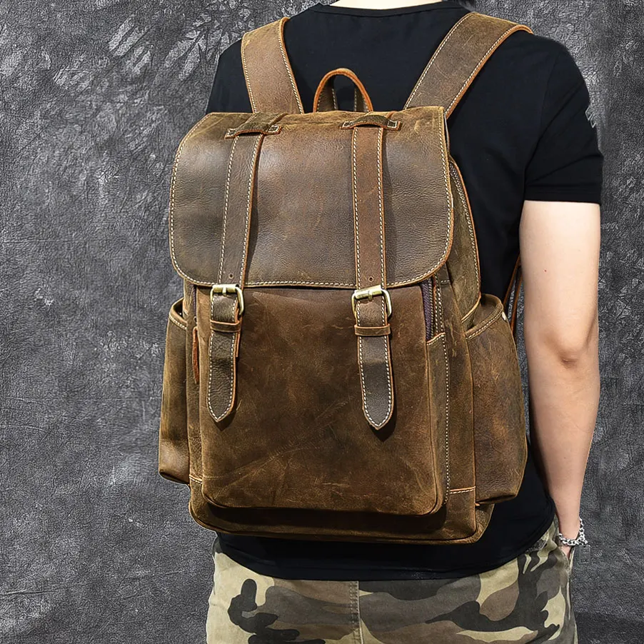 Brand Designer Men Oil Genuine Leather Backpack Vintage Daypack Multi Pocket Rucksack Travel real Leather Tote Bolsa bagpack