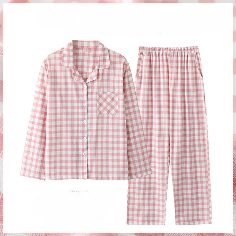 2023 New Women Pajamas Loose Large Size Cotton Nightclothes Two-Piece Set Fashion Casual Homewear Men Simple Plaid Long Sleeve