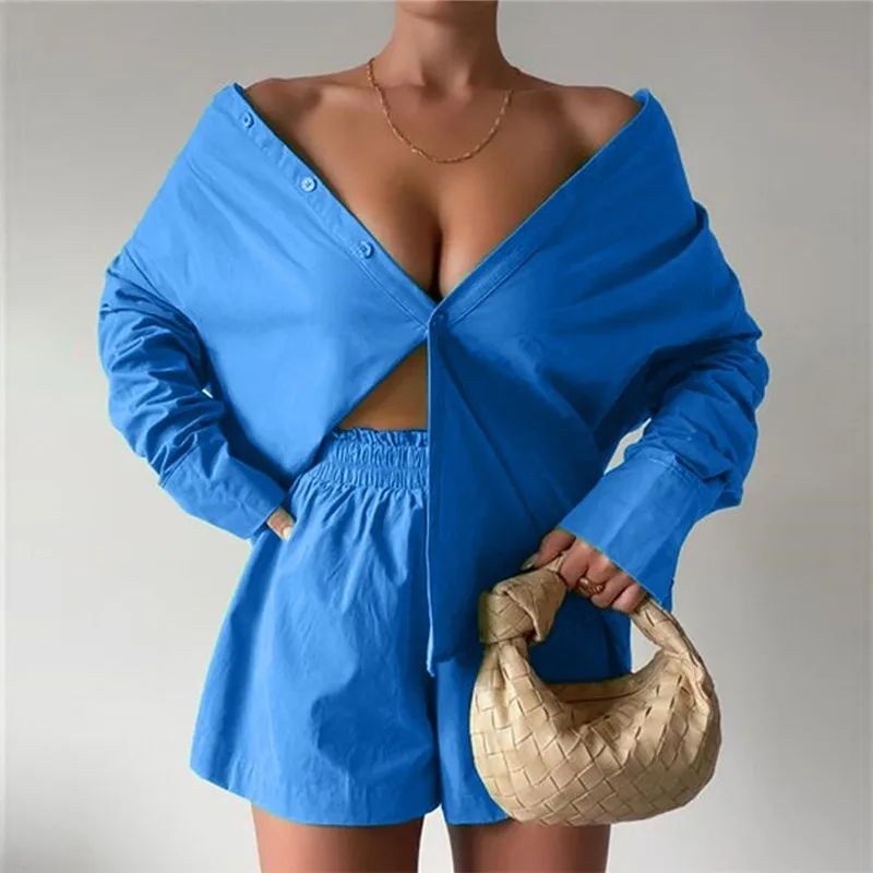 Twopiece Set womens Casual Fashion , Color Blocked Single Breasted Shirt, Elastic Shorts, Fresh and Sweet Summer New Product