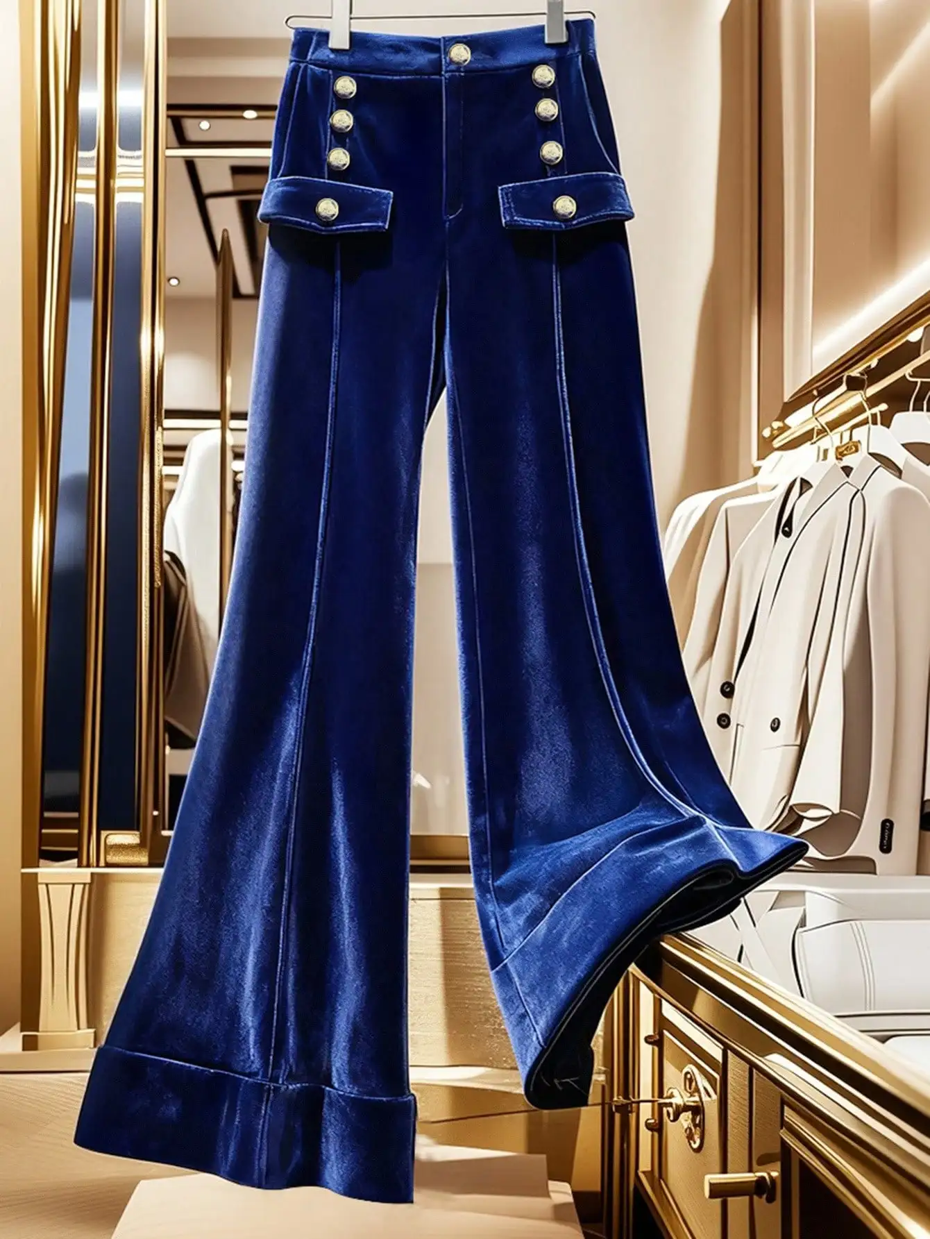 

Женские бархатные брюки с высокой талией, широкими штанинами, декоративными пуговицами и имитацией карманов