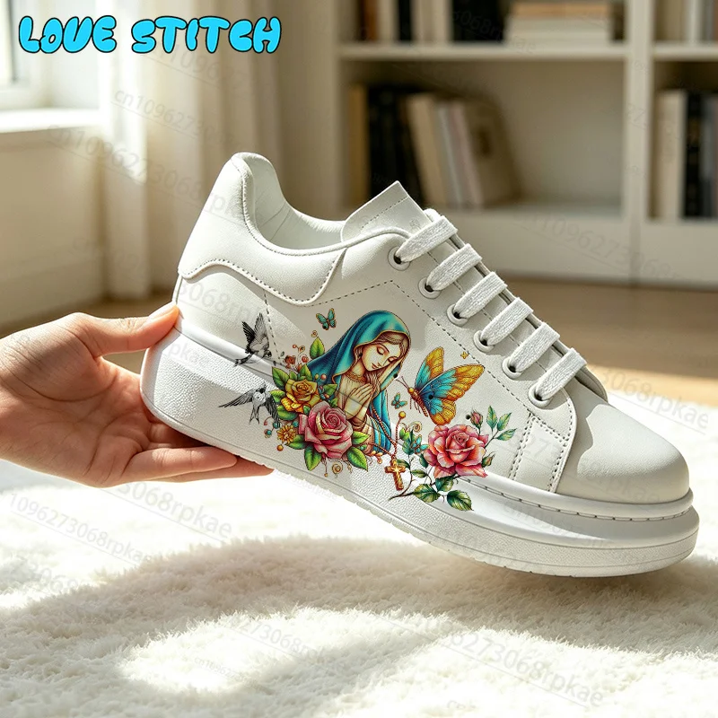 2026 Vintage Religious Art Virgin Mary Print Woman White Platform Sneakers Breathable Casual Skate Shoes Unisex Size 35-44