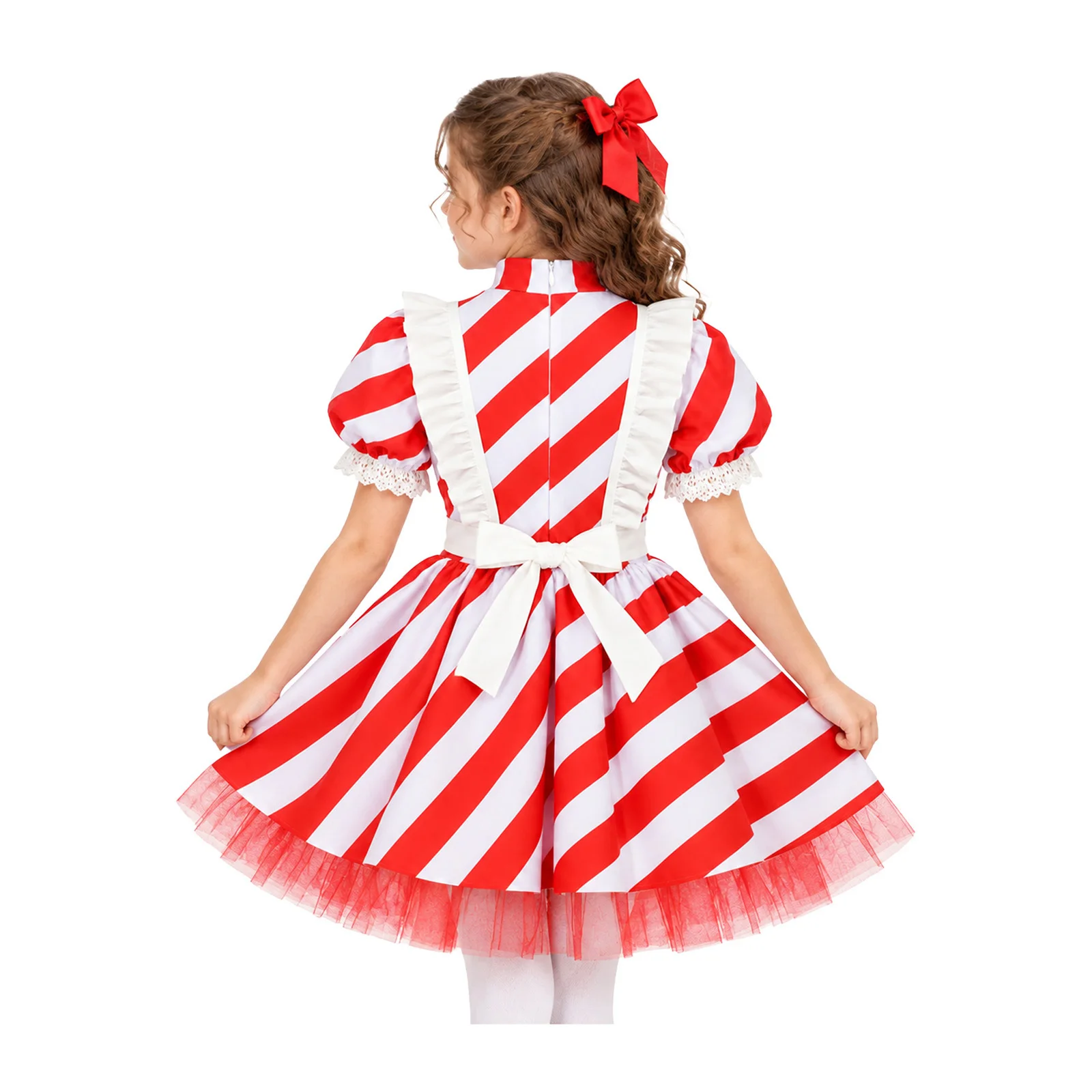 Kids Girls Christmas Candy Cane Costume Lace Trim Puff Sleeves Tulle Lining Striped Dress with Ruffles Apron for Festival Party