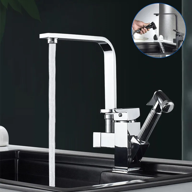 Kitchen Faucet Deck Mounted Mixer Tap 360 Degree Rotation Stream Sprayer Nozzle Kitchen Sink Pop Cold Taps with Spray Gun