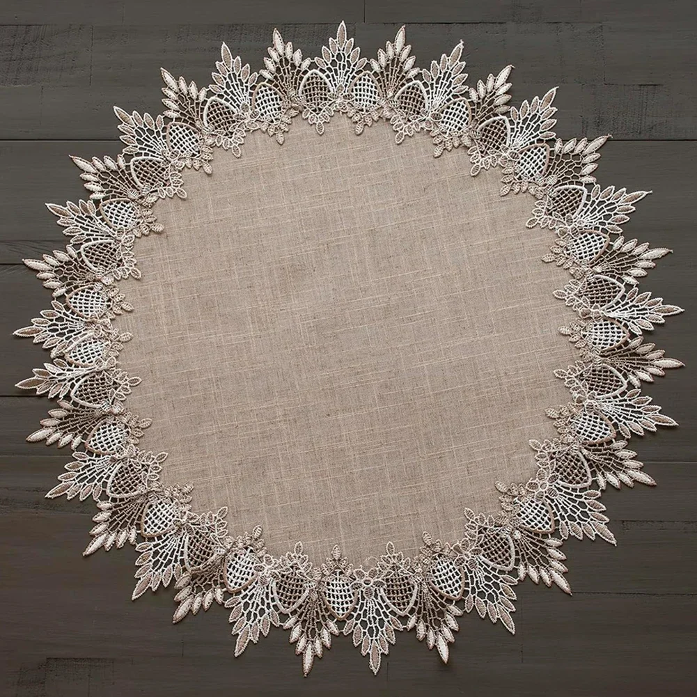 Rustic Style Round Placemat 59x59cm Polyester Blend Fabric With 2 Inch Lace Trim For Table Decor Beige Brown Neutral Tones